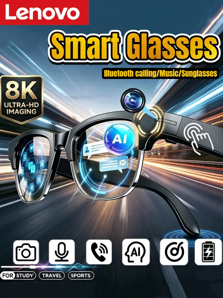 Okulary Lenovo AI Smart Glasses 8K z pilotem, dotykowym panelem, aparatem fotograficznym, funkcją nagrywania, tłumaczem, asystentem głosowym i bezprzewodowym Bluetooth. — zdjęcie produktu 7