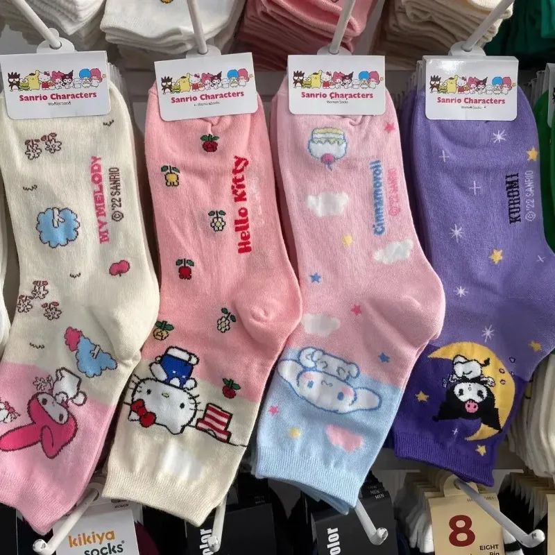 Sanrio Hello Kitty Socks Anime Kuromi Melody Color Matching Girls Socks Cartoon Harajuku Fashion Cute Cotton Sock Birthday Gift