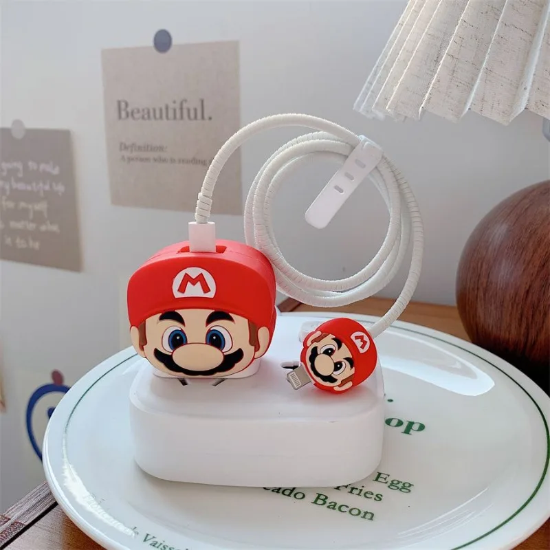 Super Mario Cable Protector Anime Phone Data Soft Charging Head for IPhone 18W 20W Accessories Cartoon Bite Holder Cute Cover