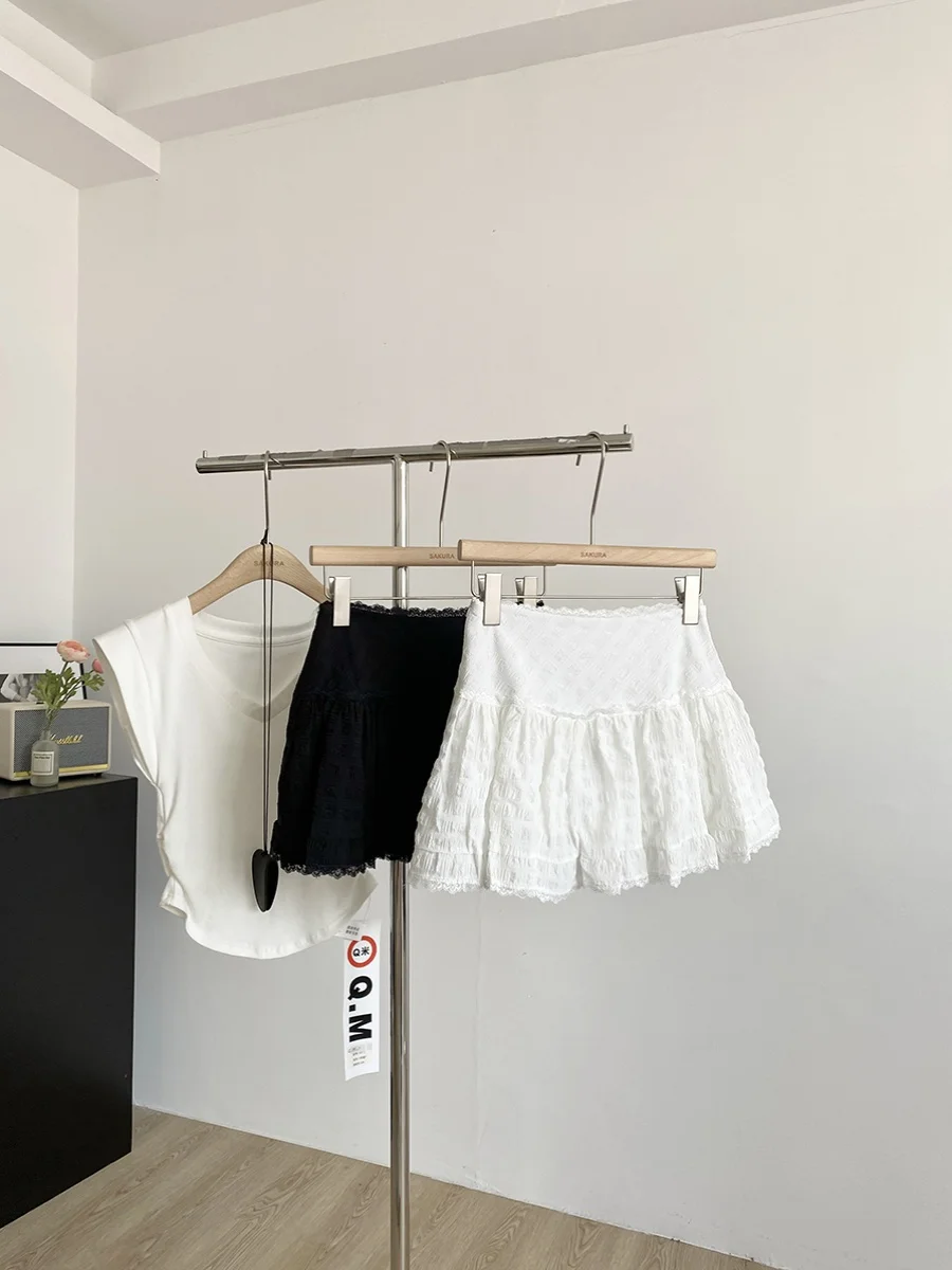 

High Waist A-Line Skirt White Lace Splicing Women's Summer 2025 New Korean Sle Versatile Anti-Light ort Skirt