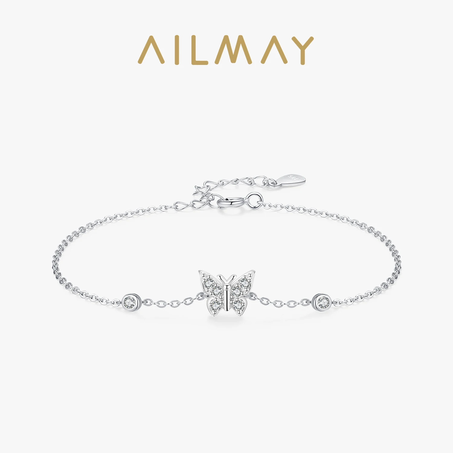 Ailmay 925 Sterling Silver Sparkling CZ Charm Butterfly Link Chain Platinum Plated Bracelet For Women Girls Sweet Birthday Gifts