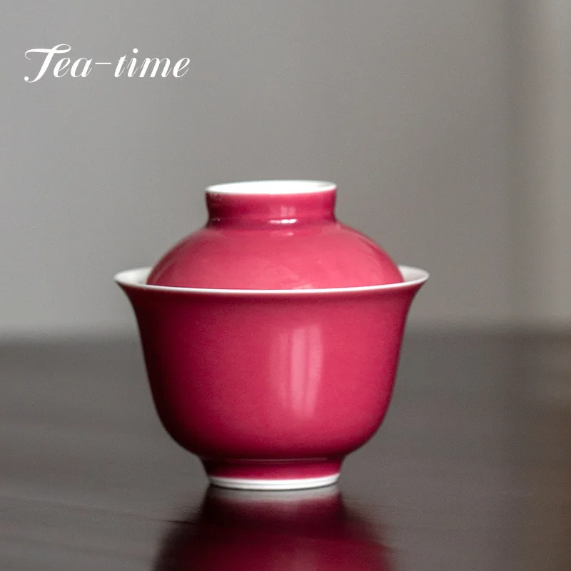 

Pigmented Pure Carmine Tea Tureen Tea Cups Handmade Tea Bowl Ceramic Kung Fu Tea Set Household Anti-scald Lady Tea Bowl Home