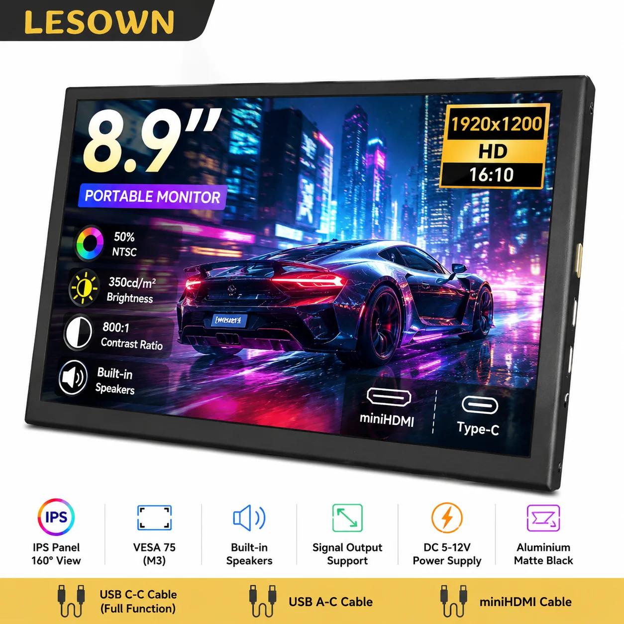 LESOWN Portable Clinic Sensor Display 8.9inch 60Hz Metal Secondary Panel Type-C External Screen for Medical Host System