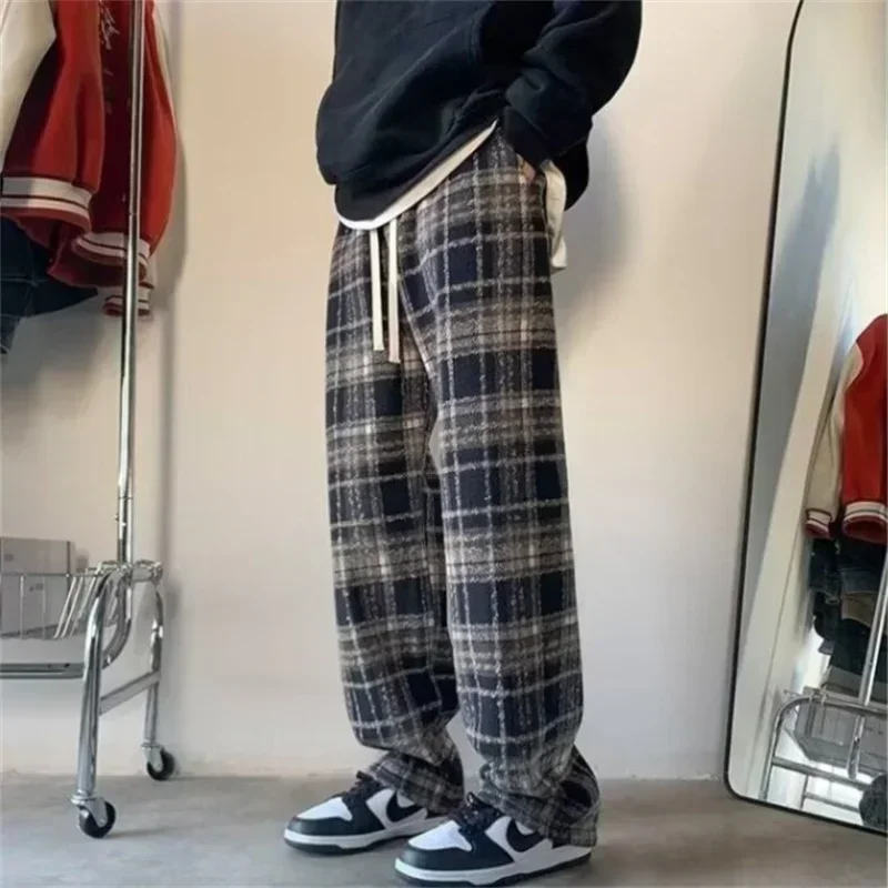 2025 New Y2K Plaid Casual Baggy Pants For Men Autumn Korean Fashion Straight Woolen Trousers Y2K Vintage Streetwear Pantalones