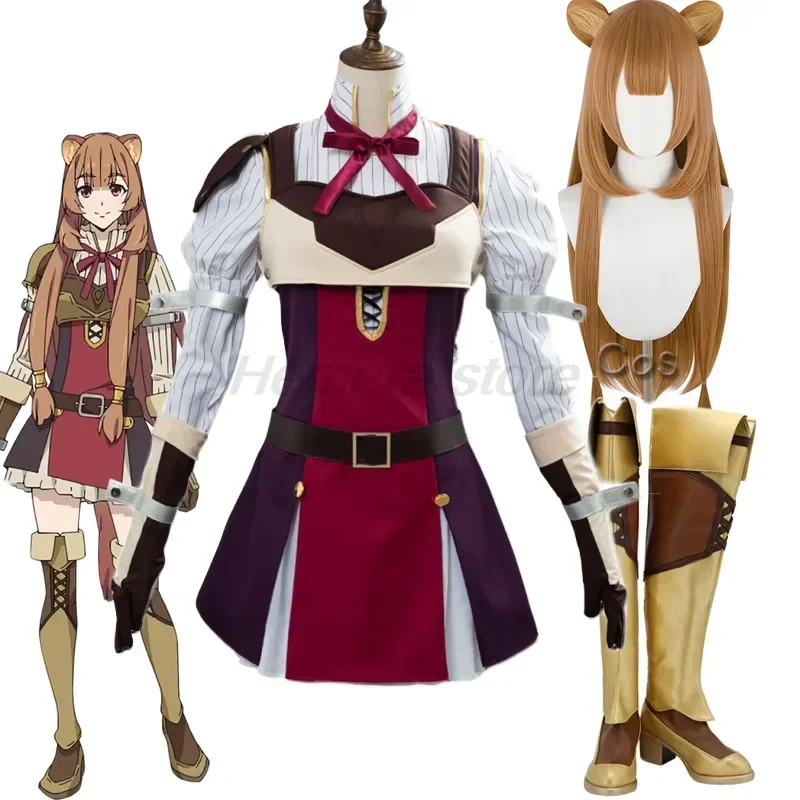 Perruque de Cosplay de l'Anime The Rising of the Shield pour Femme, Uniforme de Raphtalia, Chaussures, Accessoire d'Oreille pour Halloween