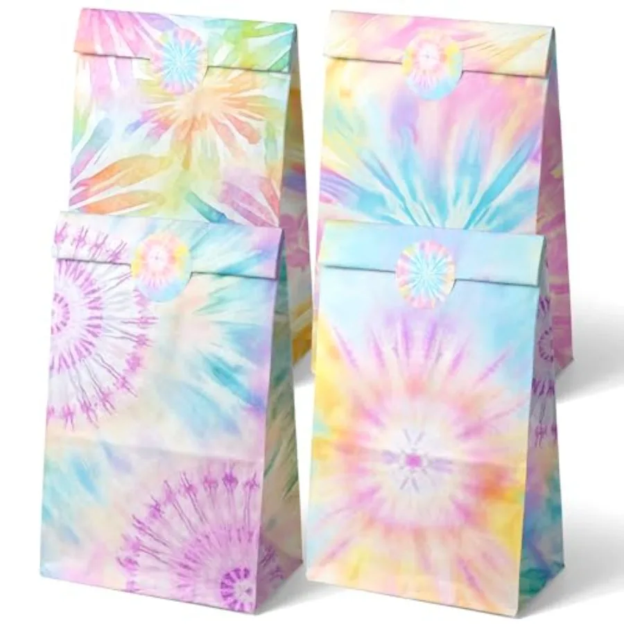 

Party Favor Bags 24 Pcs Pastel Gift Bags with 4 Designs, Paper Goodie for Birthday Party, Hippie Theme Decorations and Supplies