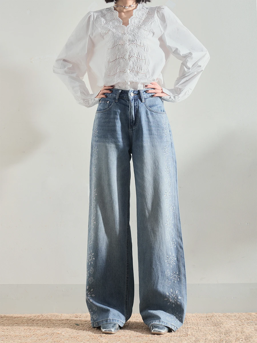 

Джинсы Liparpa с серебристым алмазным узором в стиле середины века, с цветочным принтом, с высокой талией, широкими штанинами, повседневные, из хлопкового денима, длинные брюки