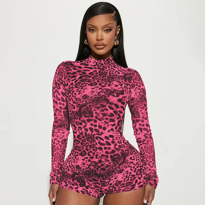 Three Sisters Produk Baru Musim Gugur 2025 Mode Wanita Seksi Leher Bulat Lengan Panjang Macan Tutul Obral Bodysuit Jumpsuit