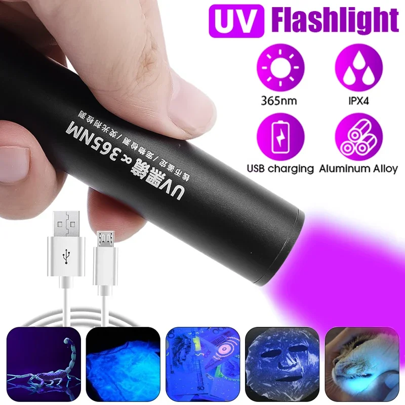 USB Rechargeable 365nm UV Flashlight Ultraviolet Lamp Torch Black Light Pet Moss Detector For Cat Dog Stains Bed Bug Moldy Food