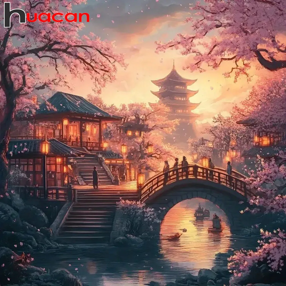 Huacan Cherry Blossom Bridge Landscape For Adults DIY Diamond Painting Crafts Full Drills Set Home Decors Gift