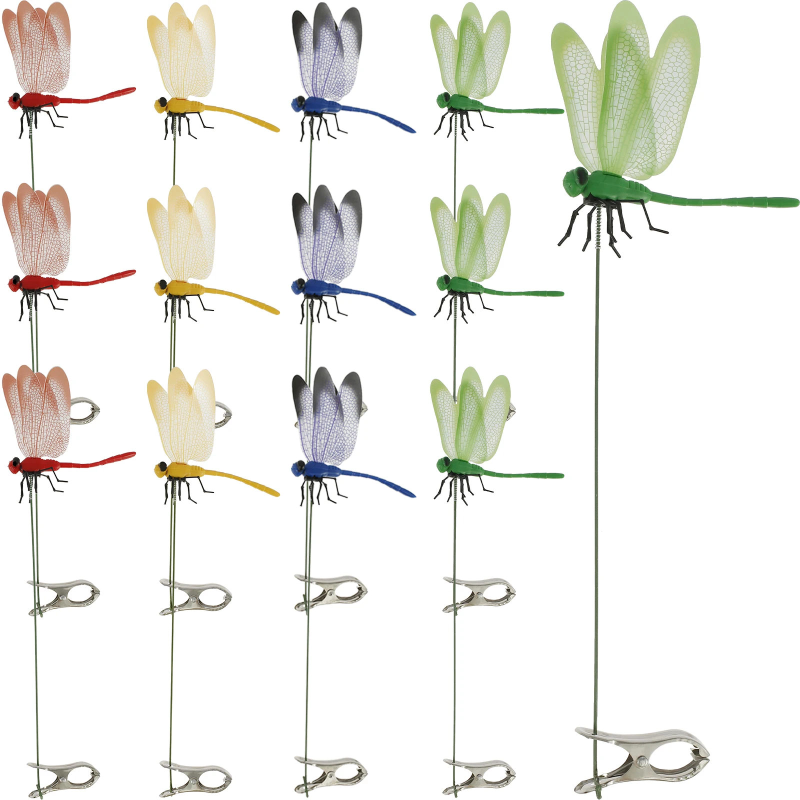 12Pcs Fake Dragonfly Pole Clips Lifelike 3D Dragonfly Clips PVC Fake Dragonfly Garden Decorative Clip Weather-Proof Clip-On