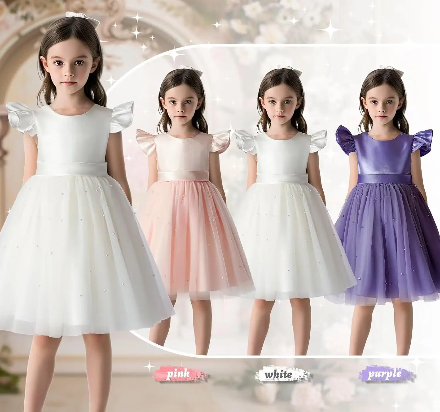 Satin Flower Girl Dress V-Back Ruffle Sleeve Dresses Girls Tulle Dress for Wedding First Communion with Bow-Knot