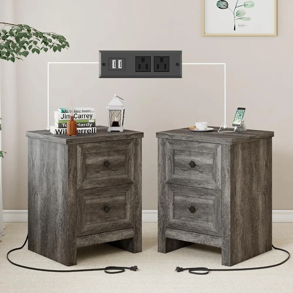 

Nightstand Set of 2 with Charging Station, Farmhouse End Table with 2 Drawers Storage Cabinet, Rustic Wood Sofa Side Table for B