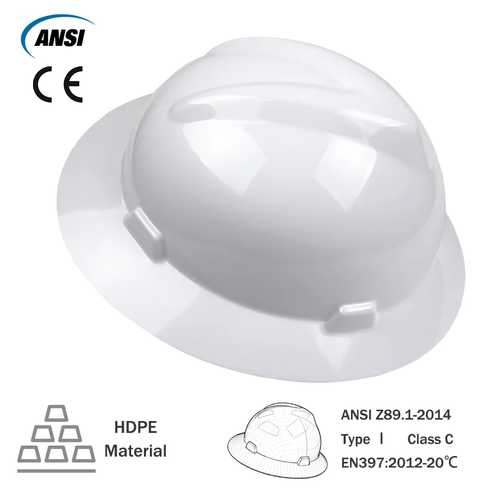 قبعة صلبة كاملة الحواف CE مع تعليق بسقاطة 6 نقاط مضادة للتصادمات خوذة أمان HDPE قبعة عمل أرضية للمهندس ANSI