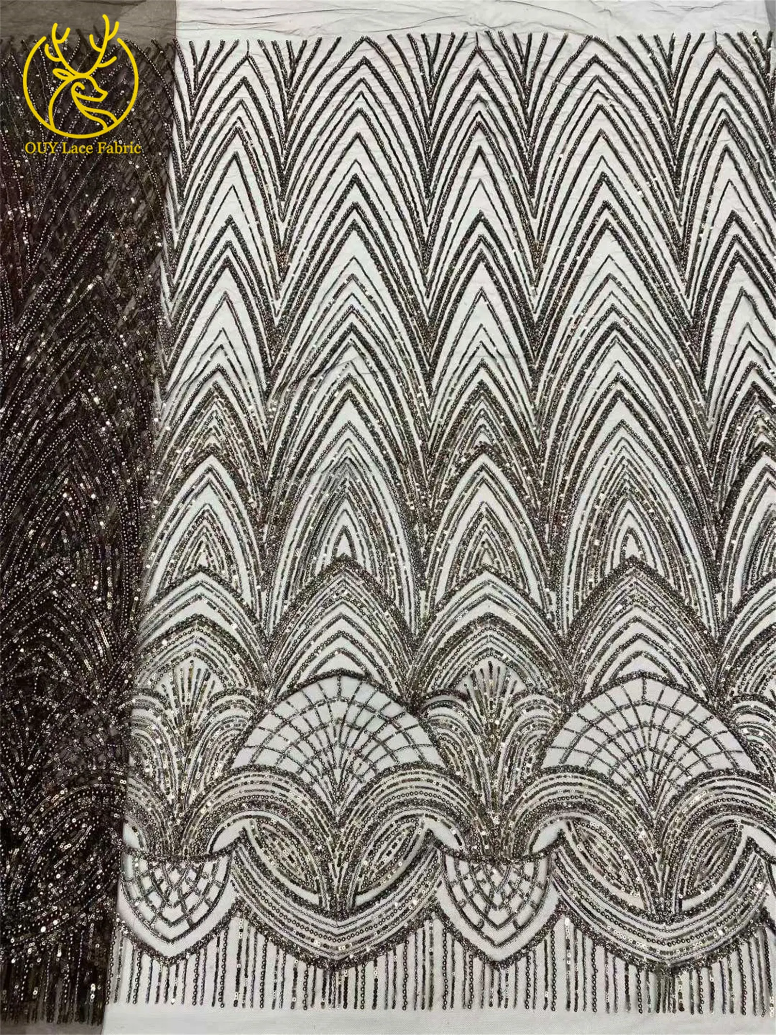 Schwarzer afrikanischer Perlen-Spitzenstoff 2026 Hochwertiger französischer Pailletten-Tüll-Spitzenstoff Nigerianischer Tüll für Hochzeit, Party, Kleid, Nähen, 5 Jahre – Detail 20