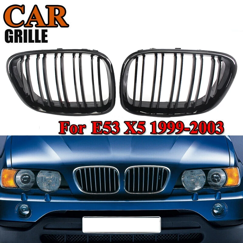 Front Grill Grilles Kidney Grill Replacement for BMW X5 E53 1998-2003 Double Slat Sport Style Gloss Black