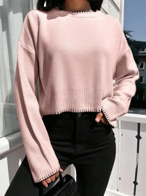 

2025 Autumn/Winter New Women's Loose Short Hoodie, High Waist Contrast Knitted Sweater for Women