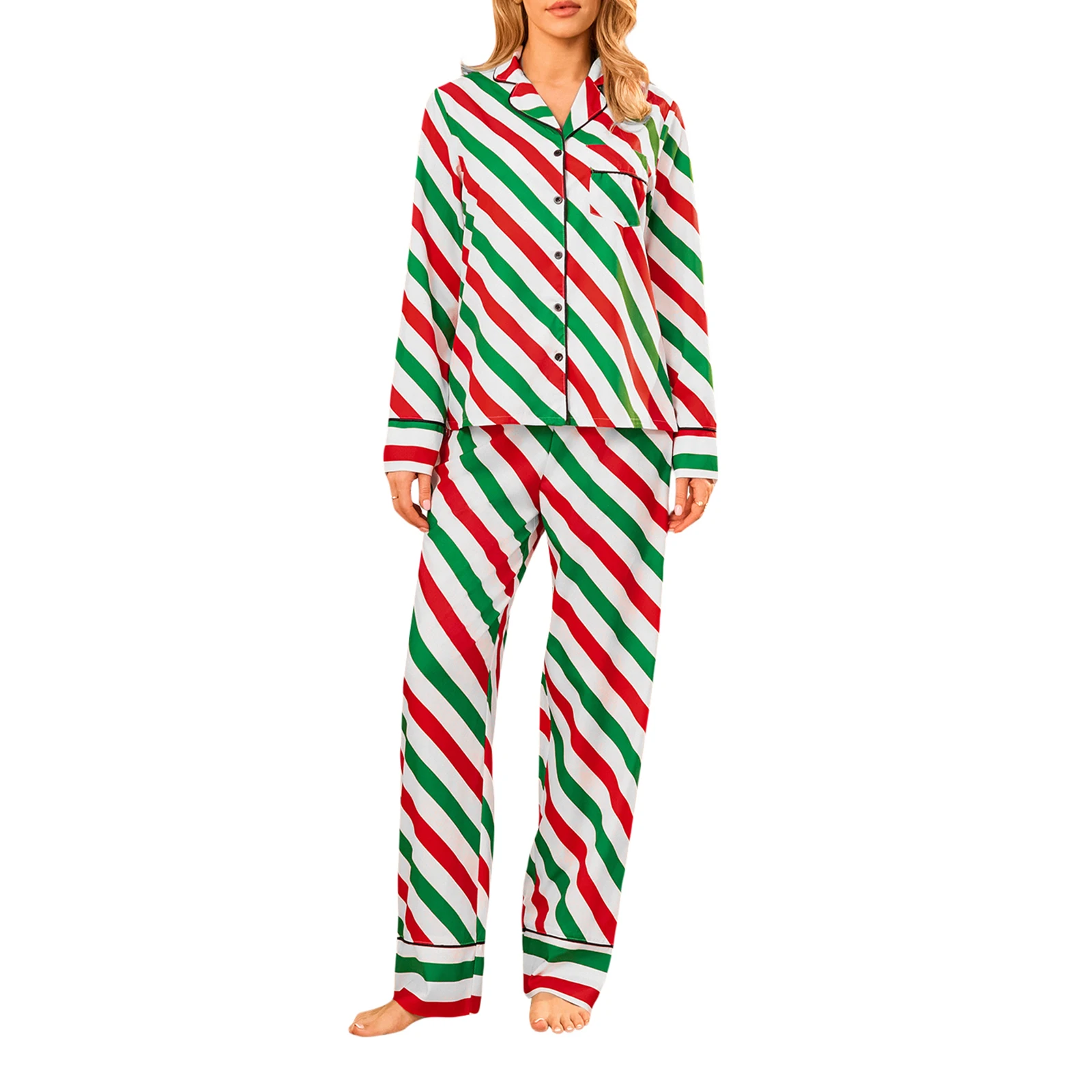 

Dourbesty Women Christmas Pajama Sets 2 Pieces Striped Long Sleeve Button Up Shirt with Elastic Waist Pants Sleepwear Loungewear