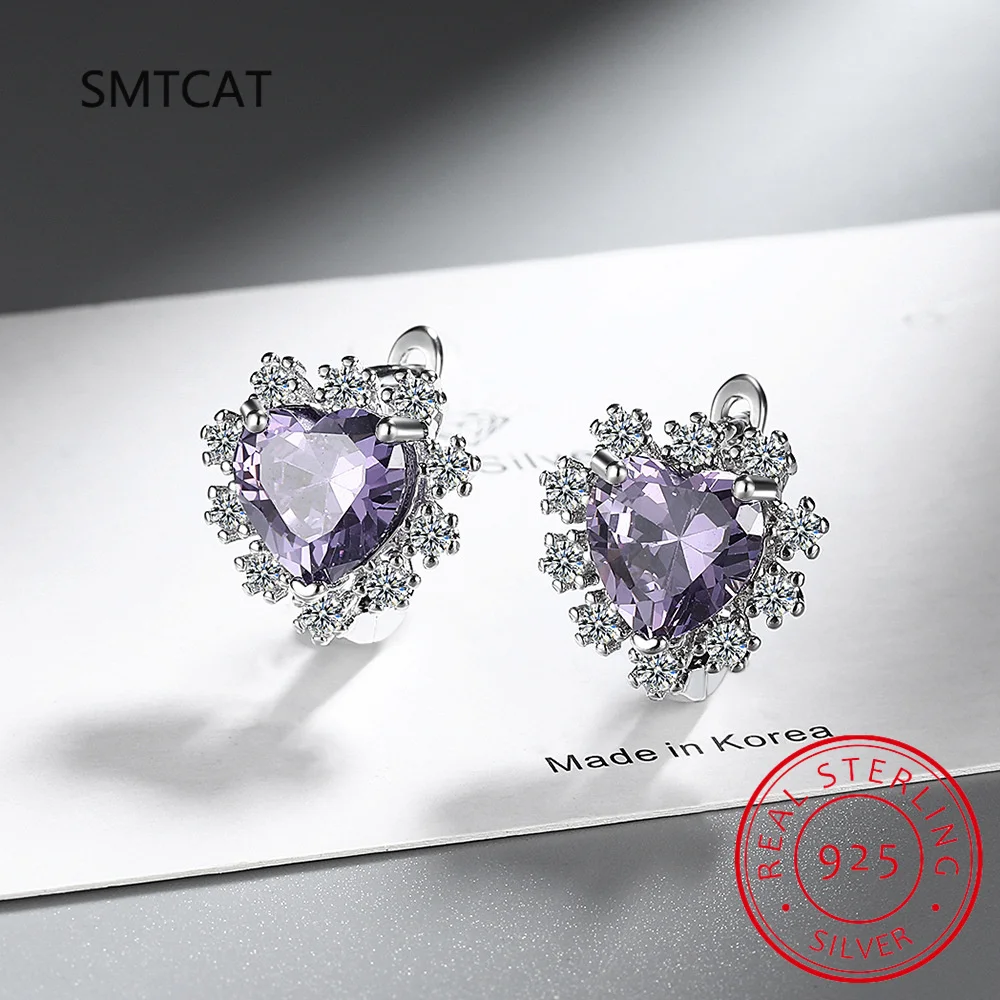 

Серьги-кольца из стерлингового серебра 925 пробы с огранкой в форме сердца из натурального фиолетового аметиста для женщин, модные ювелирные изделия с драгоценными камнями, креативный подарок Huggies