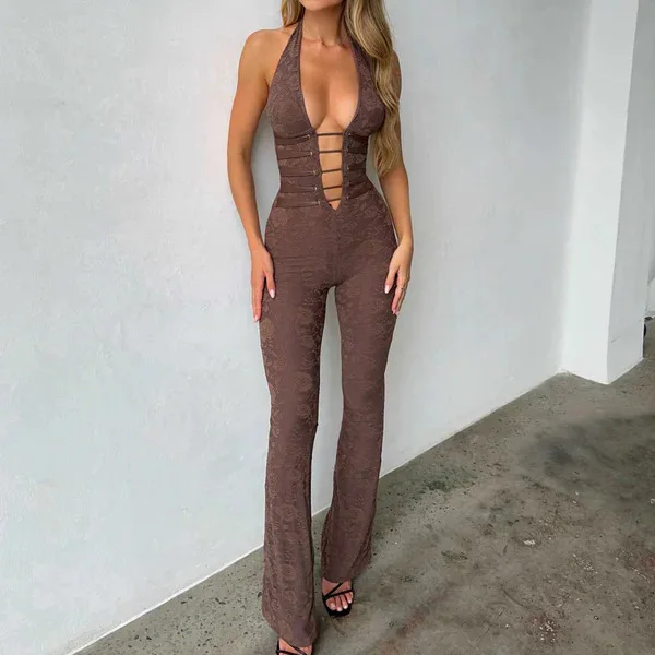 BKLD New Sexy Y2k Clothes Women Lace-Up Open Back Slim Fit Jumpsuit Perspective Lace Long Pants One Pieces Jumpsuits Solid Color