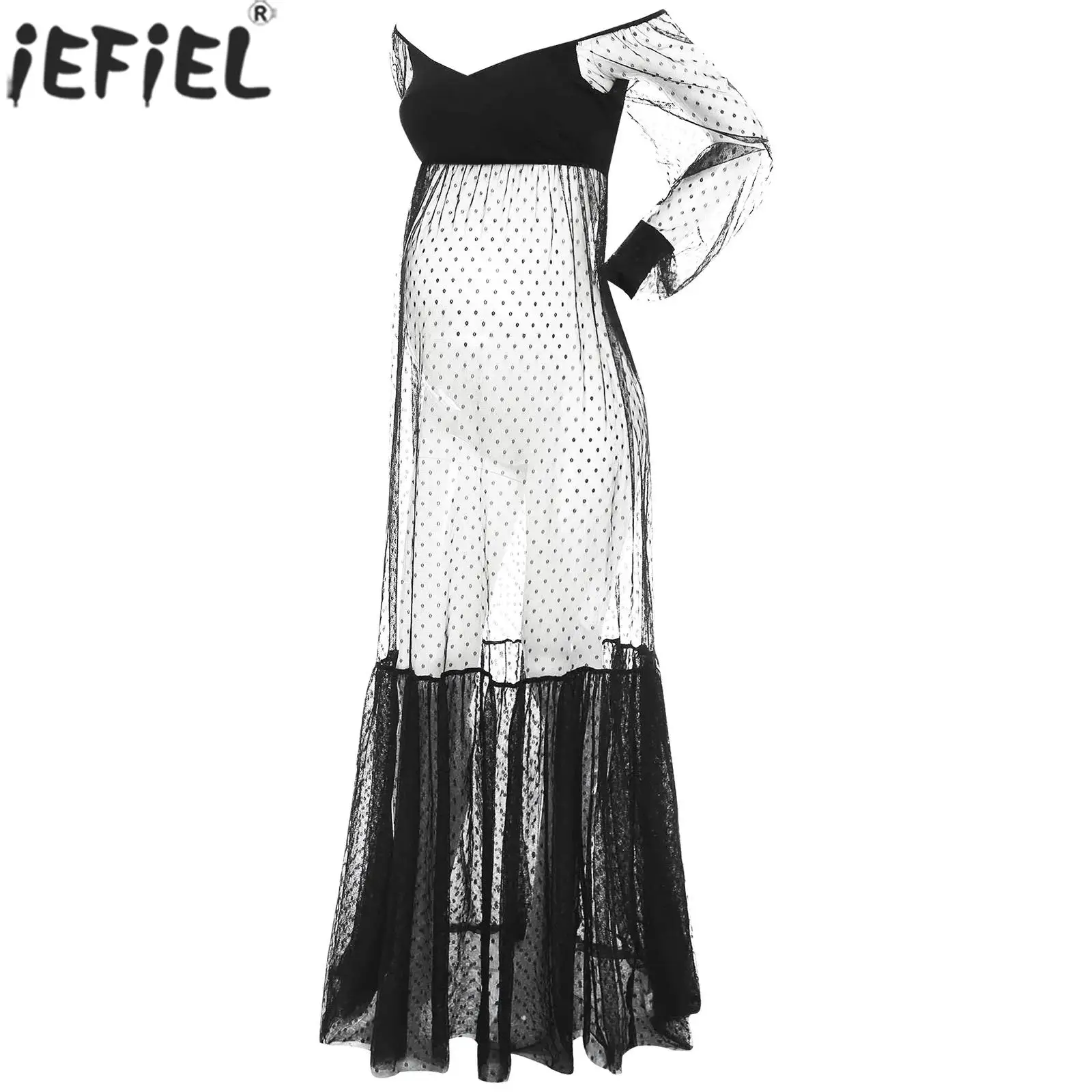 

Maternity Sheer Maxi Photography Maxi Dress Bubble Sleeve Off-shoulder Polka Dots Split Gown for Pregnancy Party Sleepwear