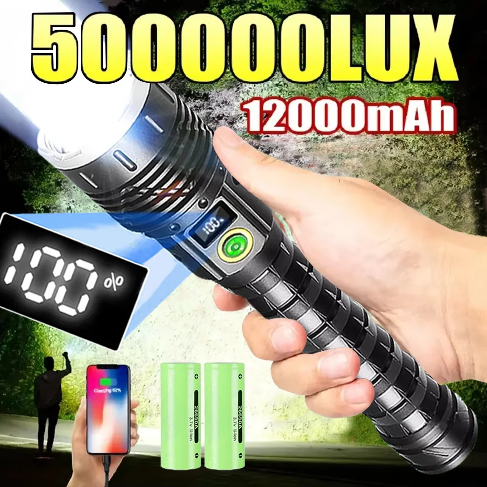 2025 LED Handheld Flashlight Ultra-Bright 500000000Lumens 12000mAh Rechargeable Battery Powerful Torch Zoomable Tactical Lantern