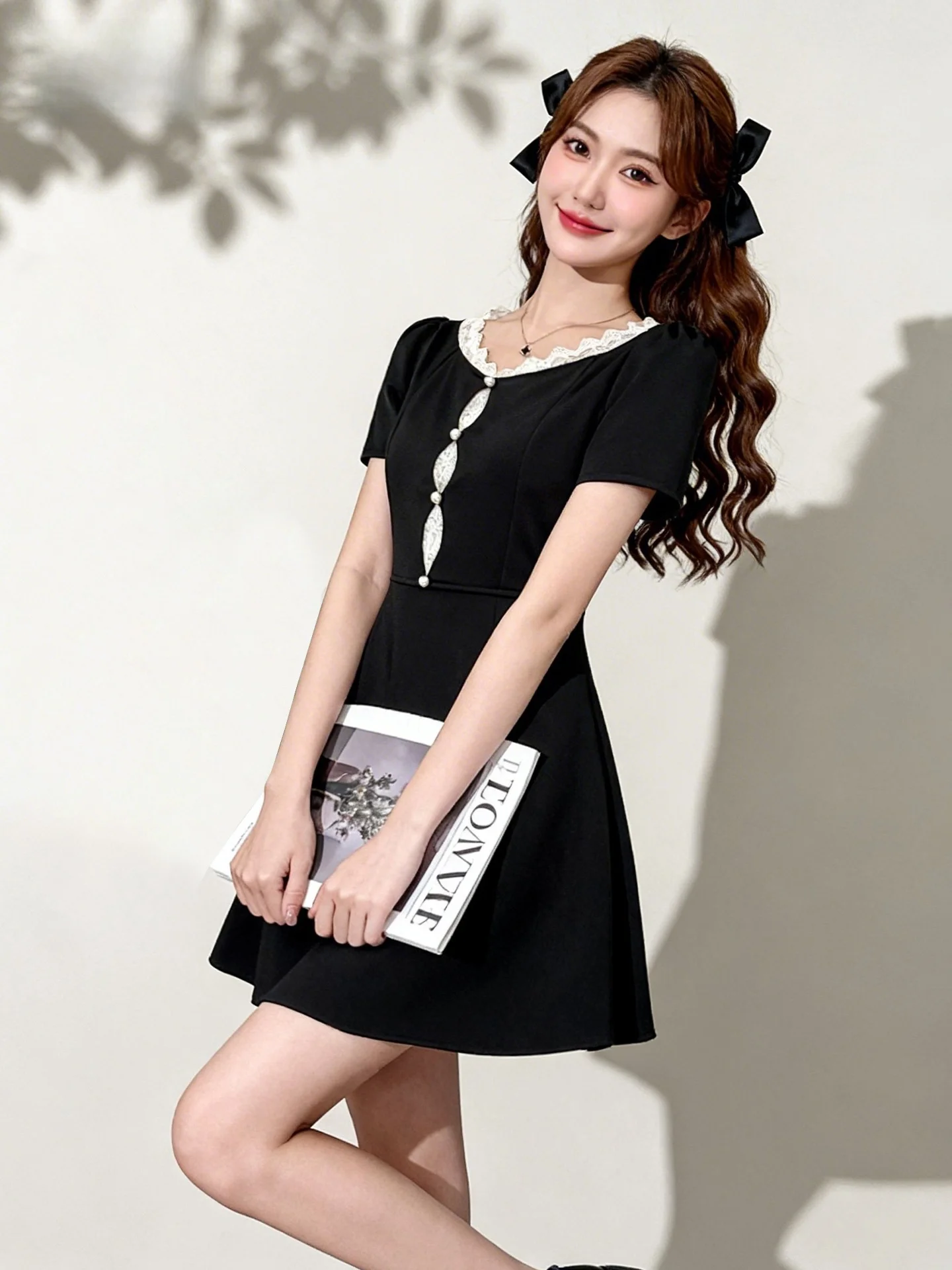 

Женское летнее платье Chuujia из хлопковой смеси с кружевными вставками, А-силуэт, приталенное, с завышенной талией, короткое, серия Miu