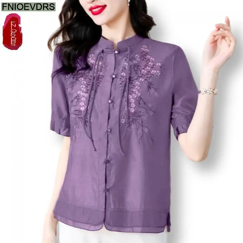 M-4XL 2024 Purple Bow Tie Button Embroidery Tops Women Basic Wear Office Lady Stand Collar Elegant Retro Vintage Shirts Blouses