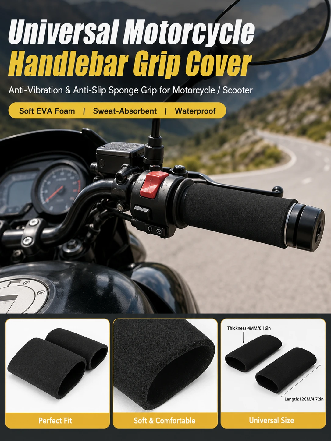 

Universal Motorcycle Handlebar Grip Cover, Anti-Vibration EVA Foam, Sweat-Absorbent & Waterproof, 12cm Soft Sponge Grip for Bike
