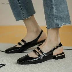 Summer Shoes Low Heel Sandals Square Toe Leather Mary Jane High Heels Ladies Double Buckle Comfortable and Elegant Sandals