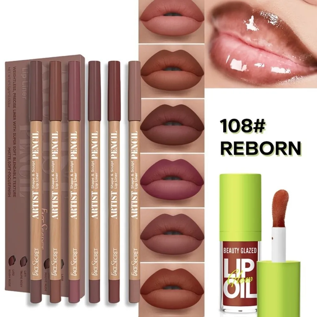 ชุดลิปไลเนอร์เนื้อแมทกันน้ำ 6 ชิ้น BEAUTY GLAZED + ลิปออยล์ ลิปเอสเซนส์ ลิปออยล์เพิ่มความอวบอิ่ม ลิปทินท์ บำรุงริมฝีปาก ลิปกลอส เครื่องสำอาง