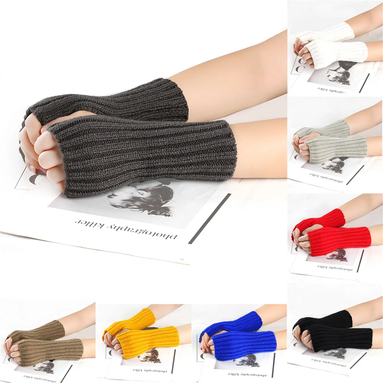 Women Cold Weather Insulated Solid Color Multicolor Wool Short Striped Knit Half Finger Gloves Gloves Mitten Fingerless Arm