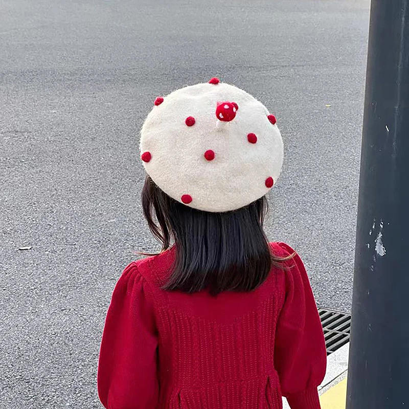 Cute Red White Mushrooms Design Girls Ladies Painter Hat Autumn Winter Parent-child Payment Bud Warm Wool Knitted Beret Caps