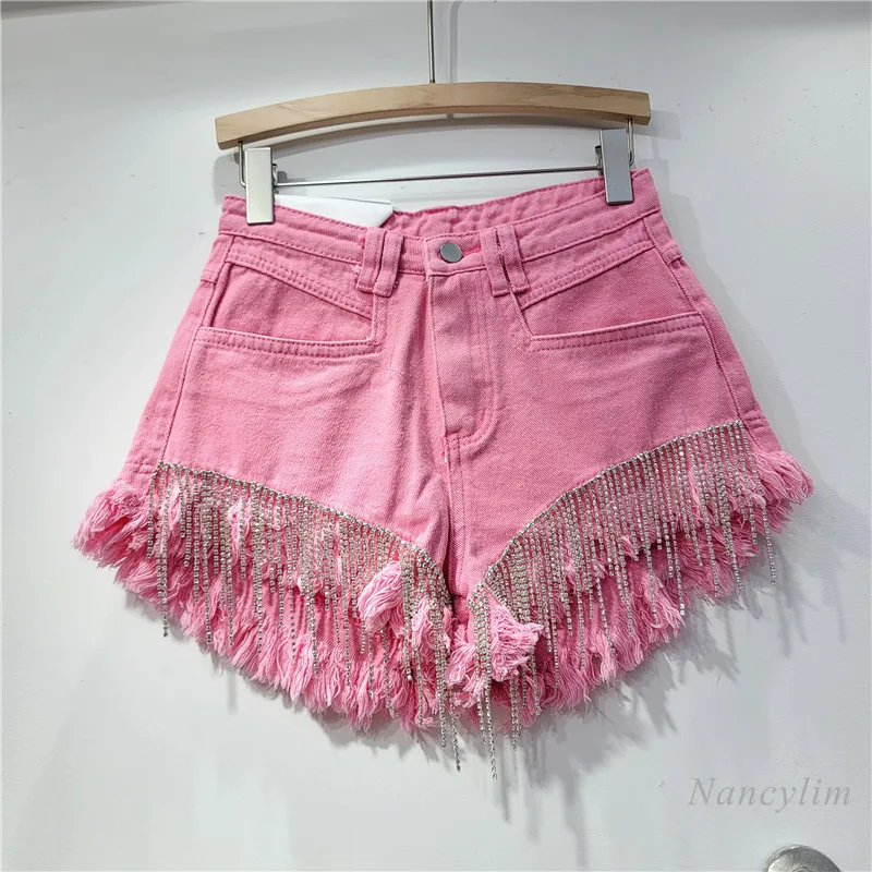 2023 Summer New Ripped Pink Denim Shorts Women's Heavy Industry Rhinestone Tassle High Waist Slimming Street A- Line Hot Pants