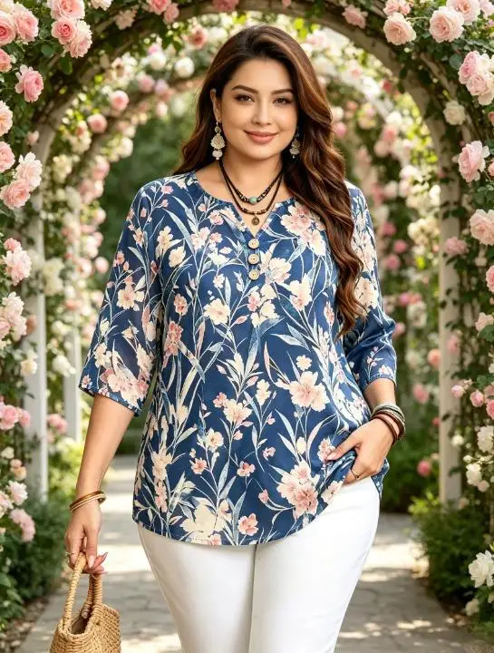Women Watercolor Leaf Floral Print Blouses Notch V Neck Buttons 3/4 Sleeve Loose Daily Shirts