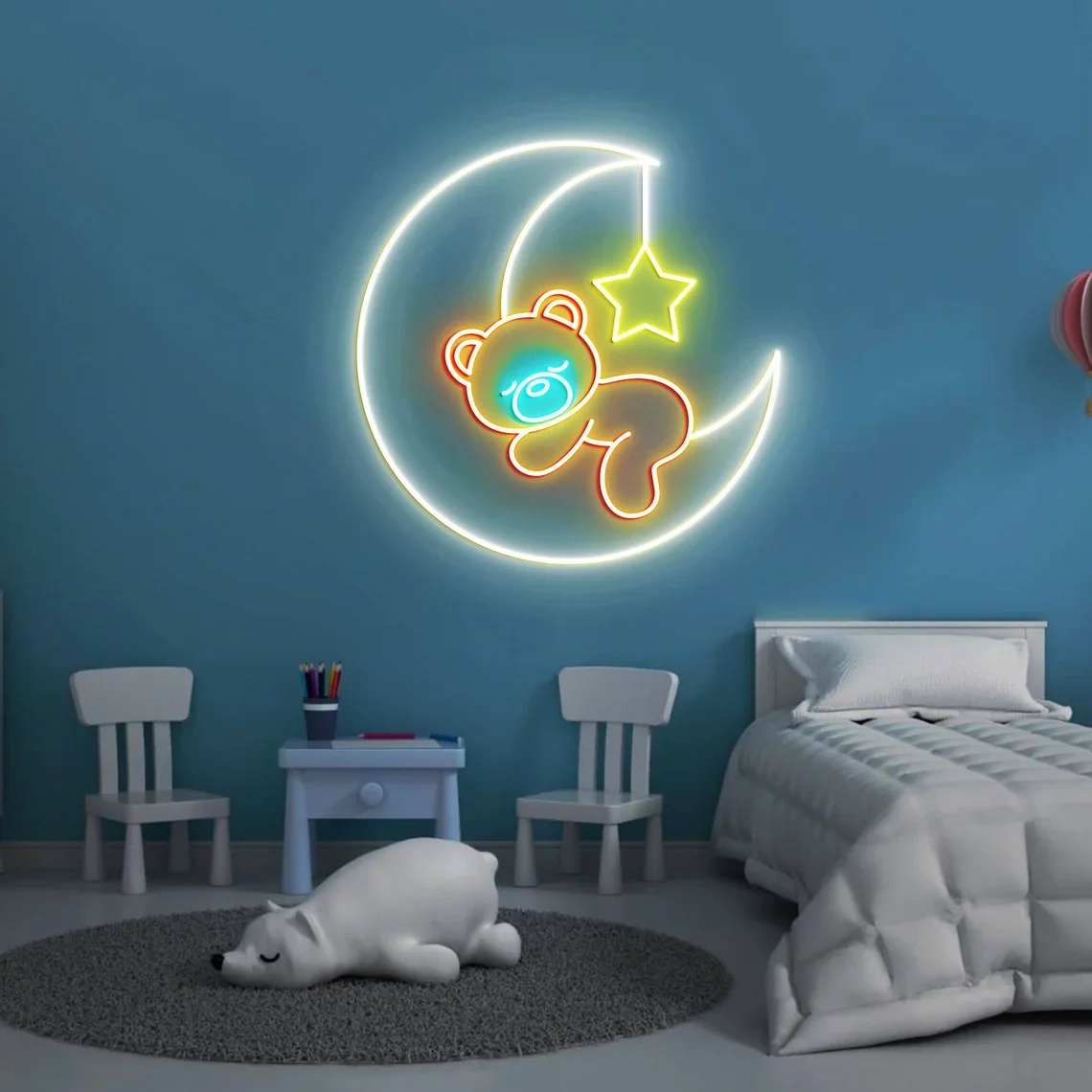 Bear on Moon Neon Sign Cute Anime Sign Wall Art Decor Kids Baby Bedroom Night Neon Birthday Wedding Gift Game Room Bar Sign