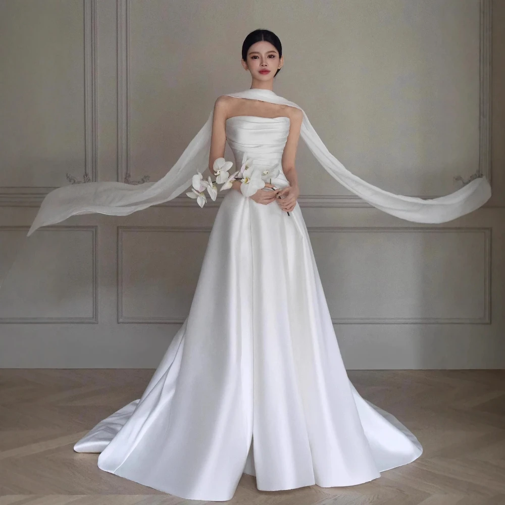 Customized White Satin Light Wedding Dress Women Strapless Small Trailing French Elegant Bridal Evening Dress Vestido De Novia