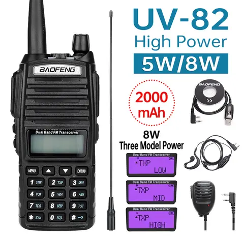고출력 5W/8W Baofeng UV-82 워키 토키 Uv82 듀얼 밴드 Vhf/Uhf Fm 송수신기 10Km Lange Afstand Jagen Tweerichtingsham
