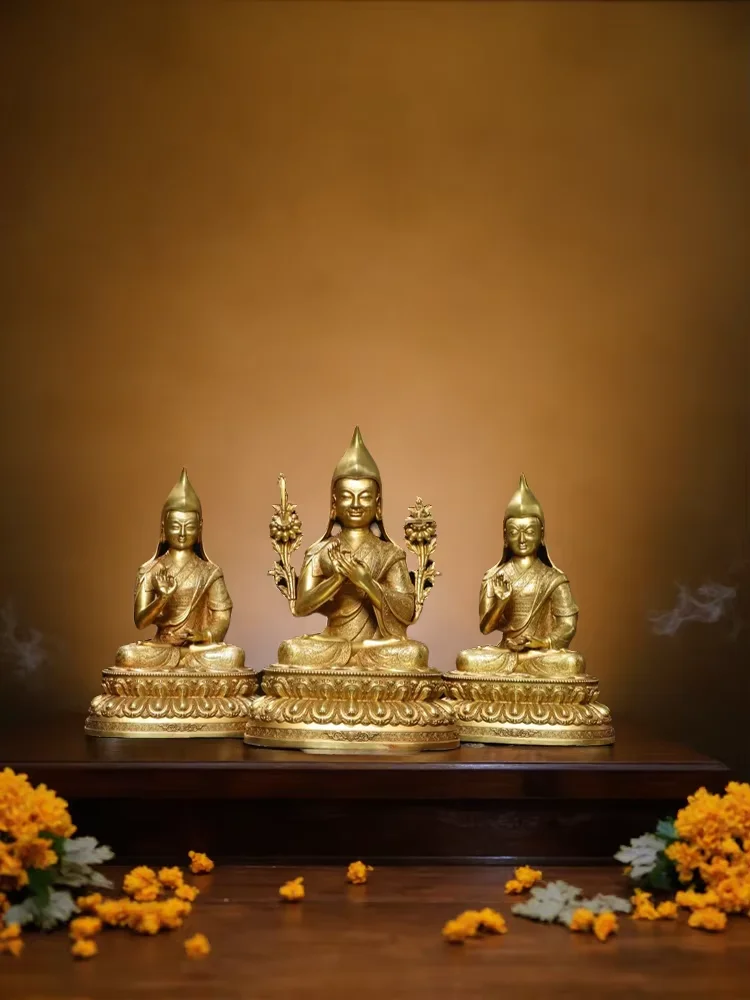 Old Bronze Gilded Cinnabar tsongkhapa  Gelugpa Three Zun Sitting Buddha Amitabha Buddha Worship Hall