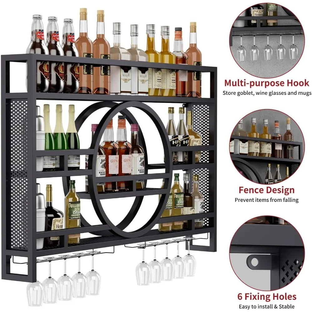 3-laags 39 inch wijnrek wandmontage, zwevende barplanken met wijnglashouder hangende industriële drankenplank, wandmontage W