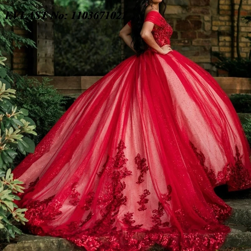 EVLAST Customized Red Crystal Sequined Quinceanera Dress Ball Gown Applique Lace Beading Sweet 16 Vestidos De 15 Anos SQ723