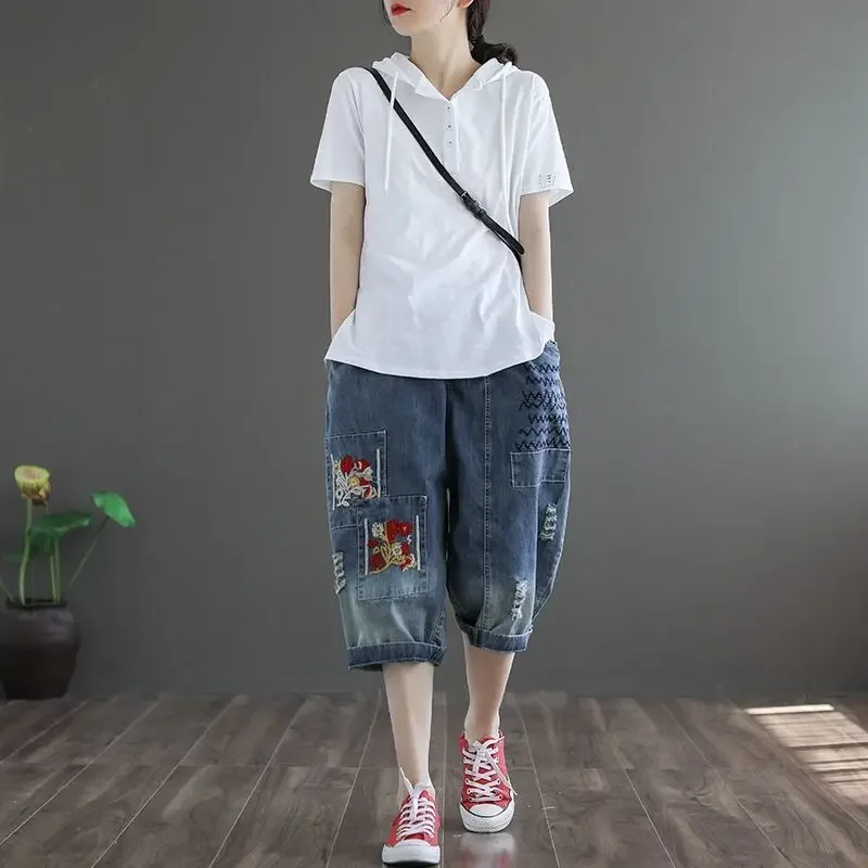 Women\'s Jeans Cropped 2024 Trend Baggy Pant Woman High Waist Mom Oversize Pants Wide Leg Waisted Ripped Graphic Embroidery