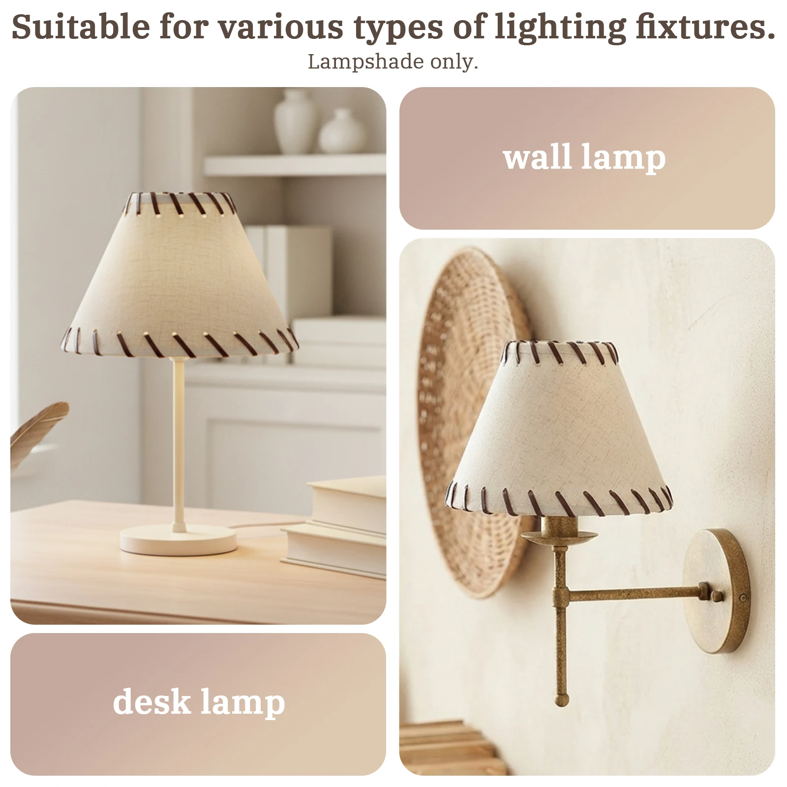 Cream Linen Lamp Shade, Conical Brown Leather Lace Trim Cover, Rustic Decor Bedroom