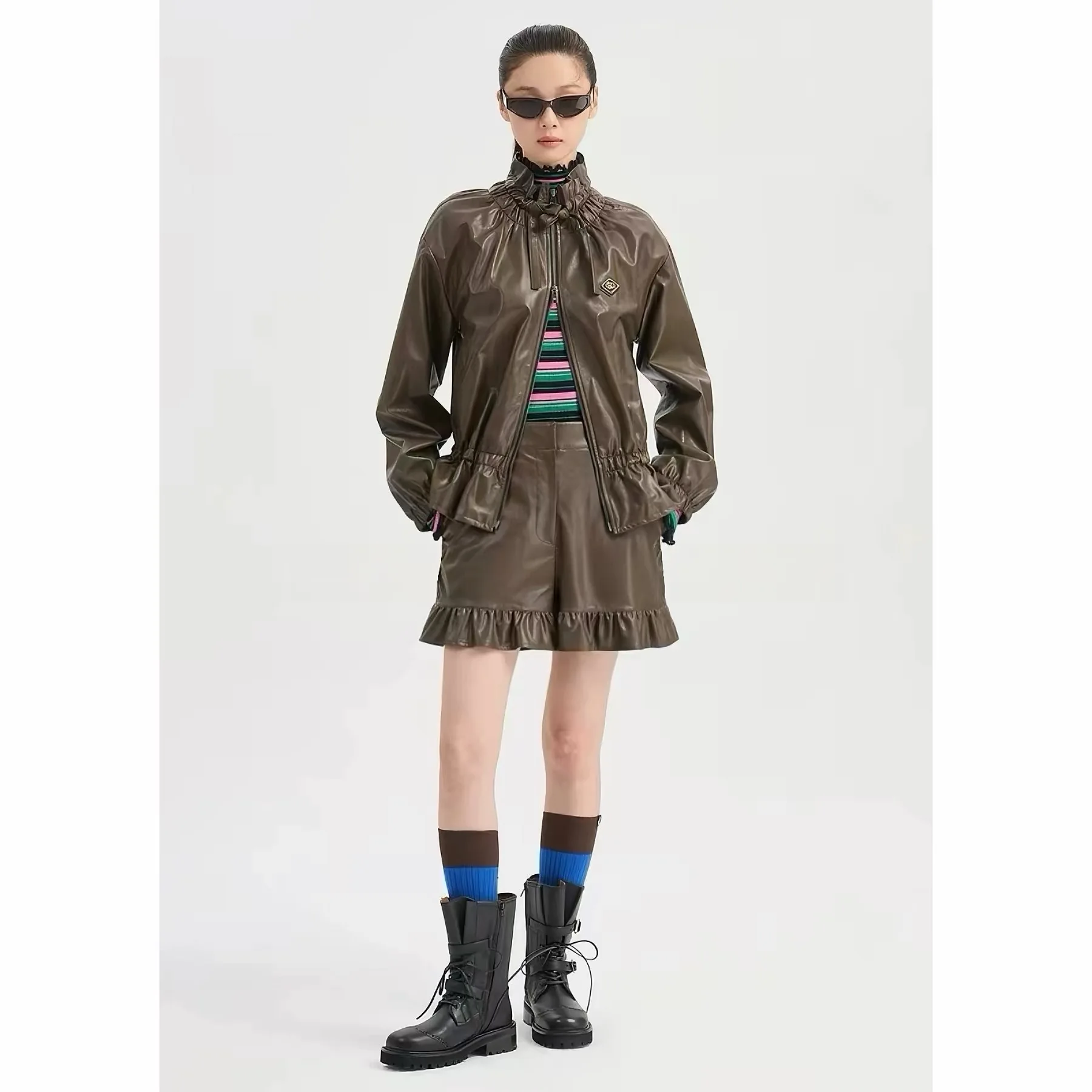 Lemon Cheese High Quality Autumn LUC26 Elegant Folded Collar Waist Cinched Slimming Bright PU Leather Jacket Outerwear