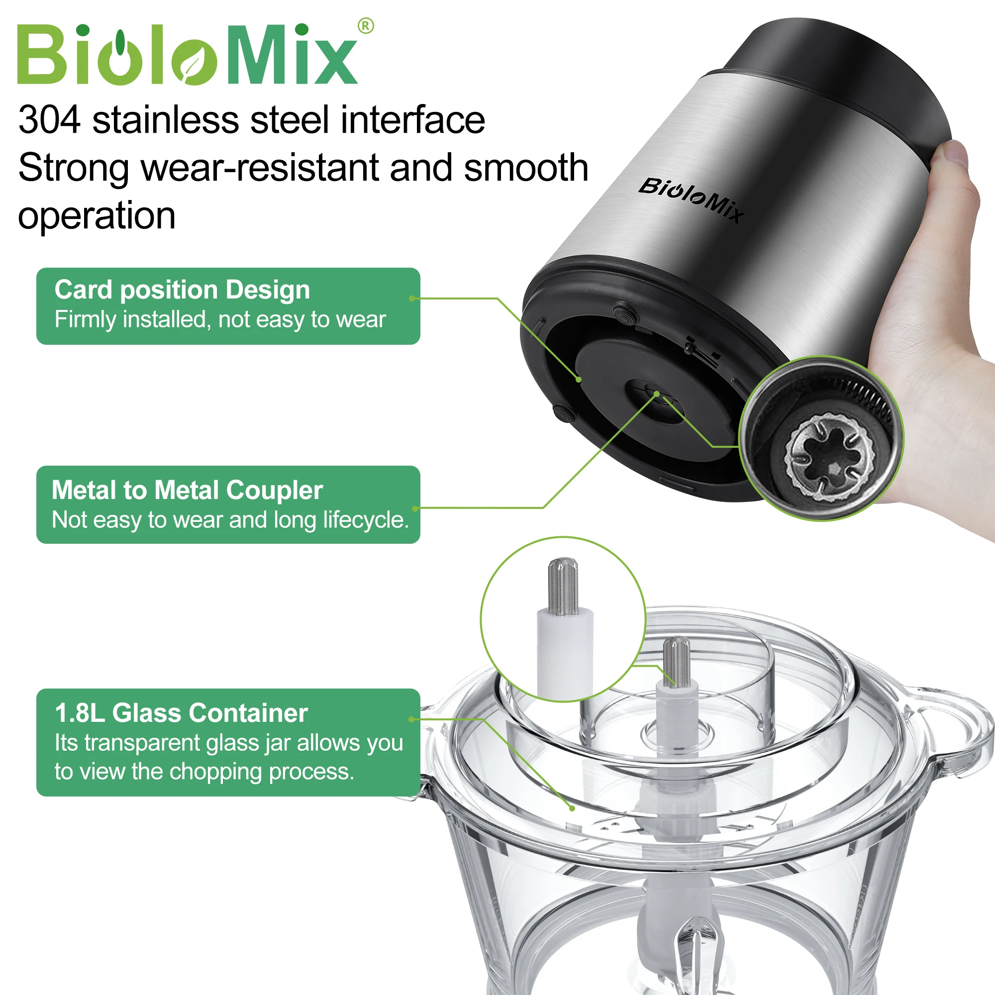 BioloMix by ELEKCHEF 1.8L Glass Bowl Food Processor Chopper Two Speeds  Meat Grinder For Babyfood Vegetables Onion Garlic