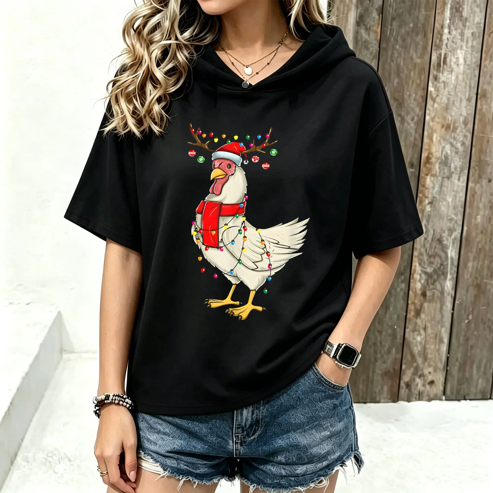 Women Short Sleeve Hooded T‑Shirt Christmas Chicken Santa Hat Reindeer Antlers Scarf Xmas Lights Holiday Graphic Print Spring Summer Loose Hoodie Tee Streetwear Casual Short Sleeve Hood Tops