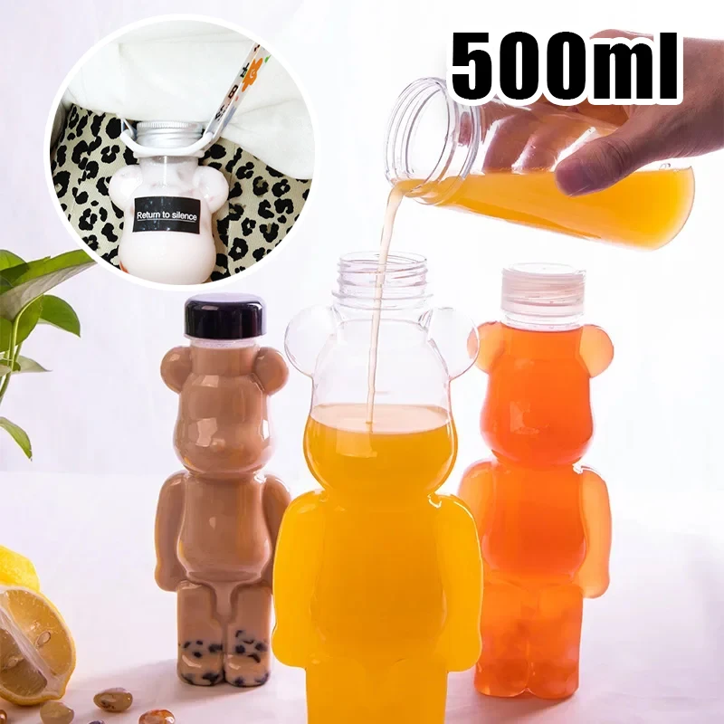 Disposable PET 500ml Cute Bear Design Milk Tea Bottle Transparent Juice Bottle Cartoon Bear Portable Juice Yogurt Bottle