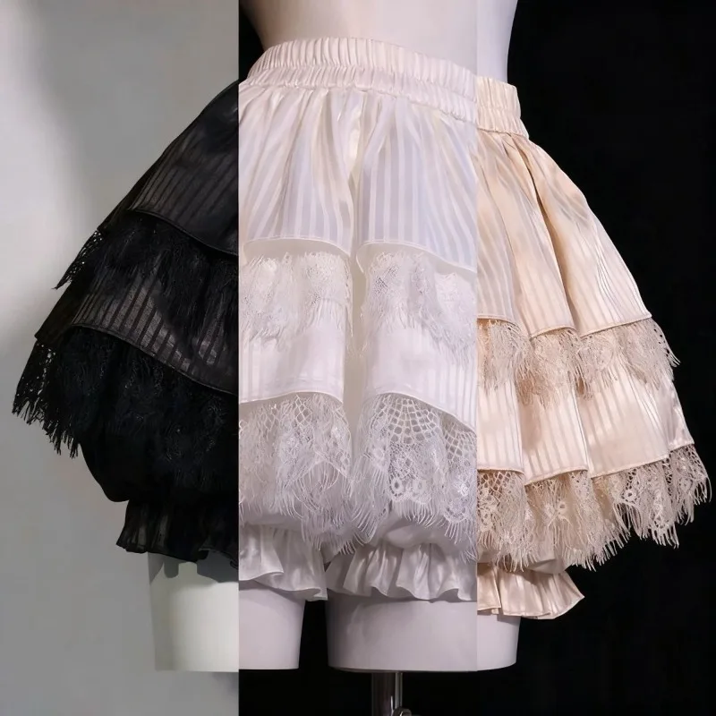 

Japanese Gothic Y2k Lolita Style Mini Skirt Women Sweeet Satin Stripe Lace Patchwork Short Pantskirt Kawaii Party Pleated Skirts