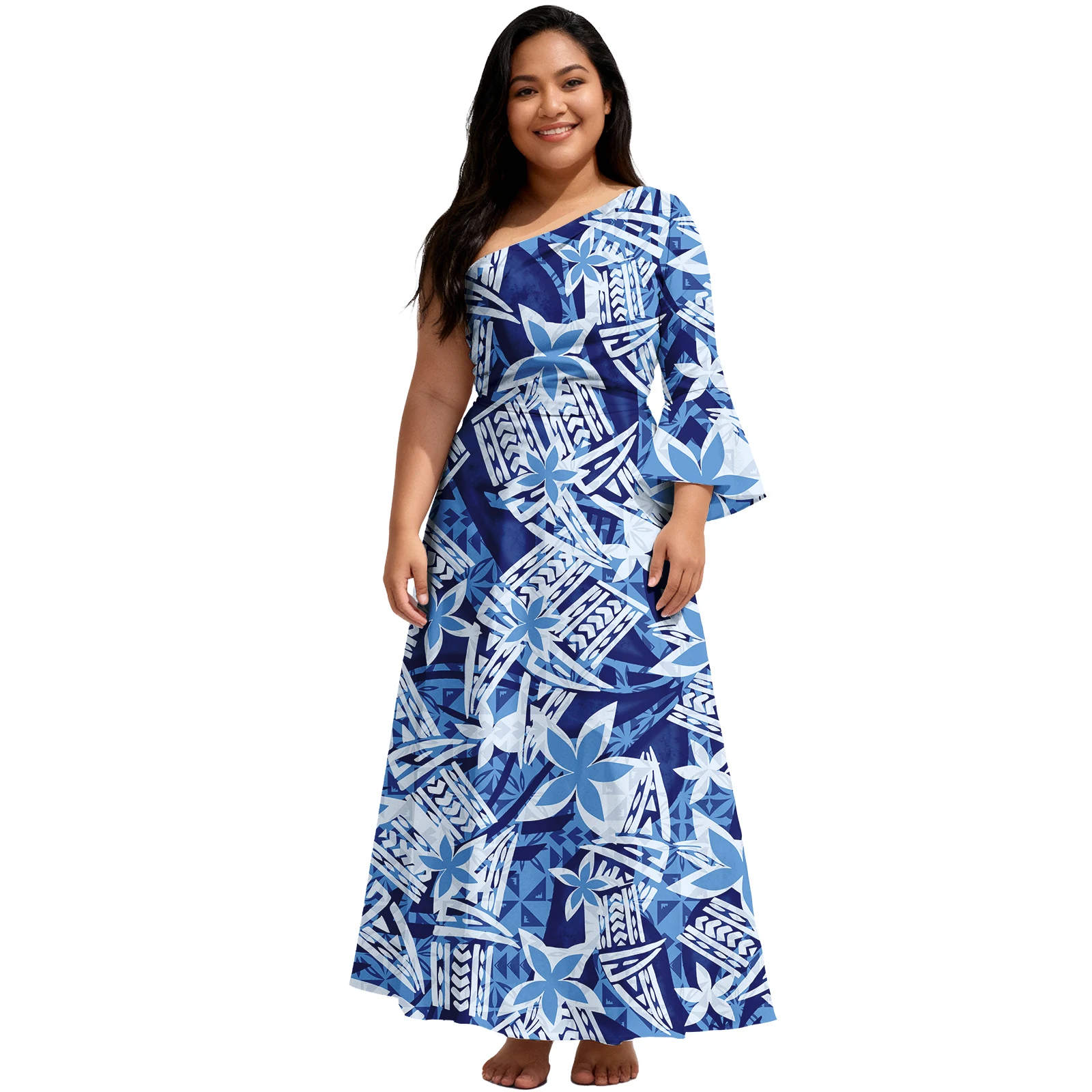 ハワイの花柄プリントカスタムブティック婦人服サモア風エレガントなレディースロングドレスポリネシア風パーティー婦人アロハドレス