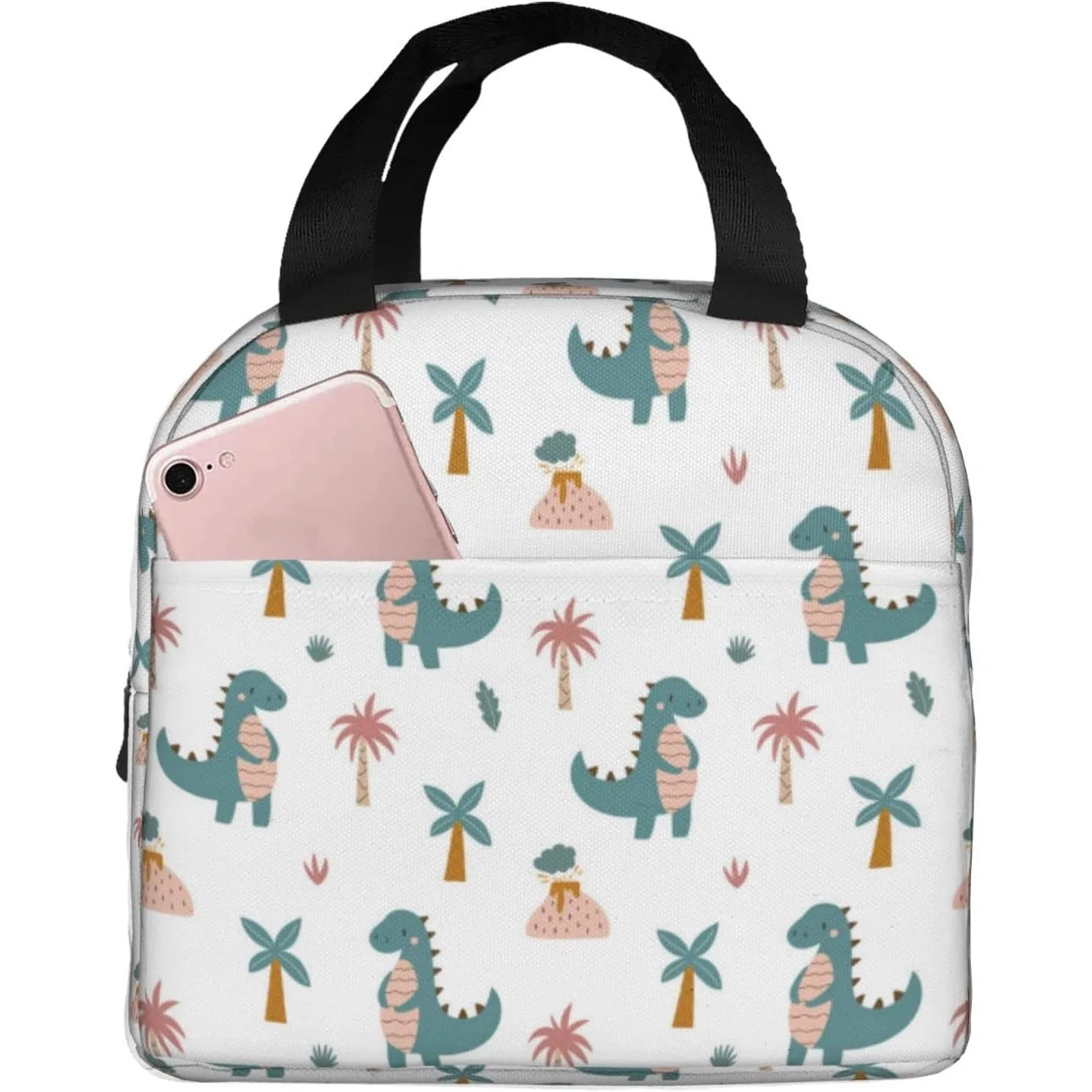 Kawaii Dinosaur Lunch Bag for Women Men, Reusable Dino Insulated Lunch Box Contains with Frond Pocket for Work Picnic Travel
